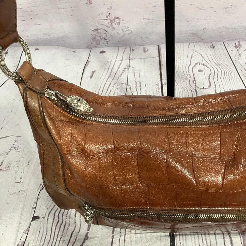 Brighton Cognac Brown Croc Embossed Leather Shoulder Bag Hobo Top‎ Zip